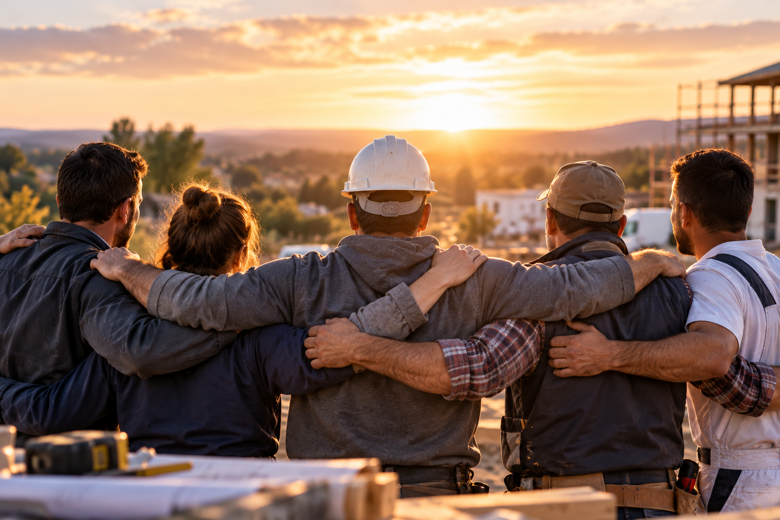 Des artisans réunis sur un chantier à la fin de la journée.